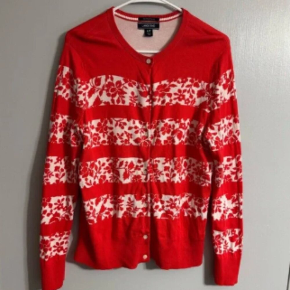 Lands’ End Women’s Vibrant Red Patterned Cardigan Size Large